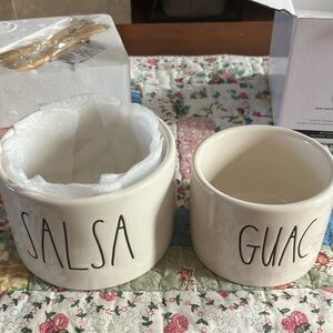 Rae Dunn guac and salsa 2 bowl set with wooden spoons NEW in box
